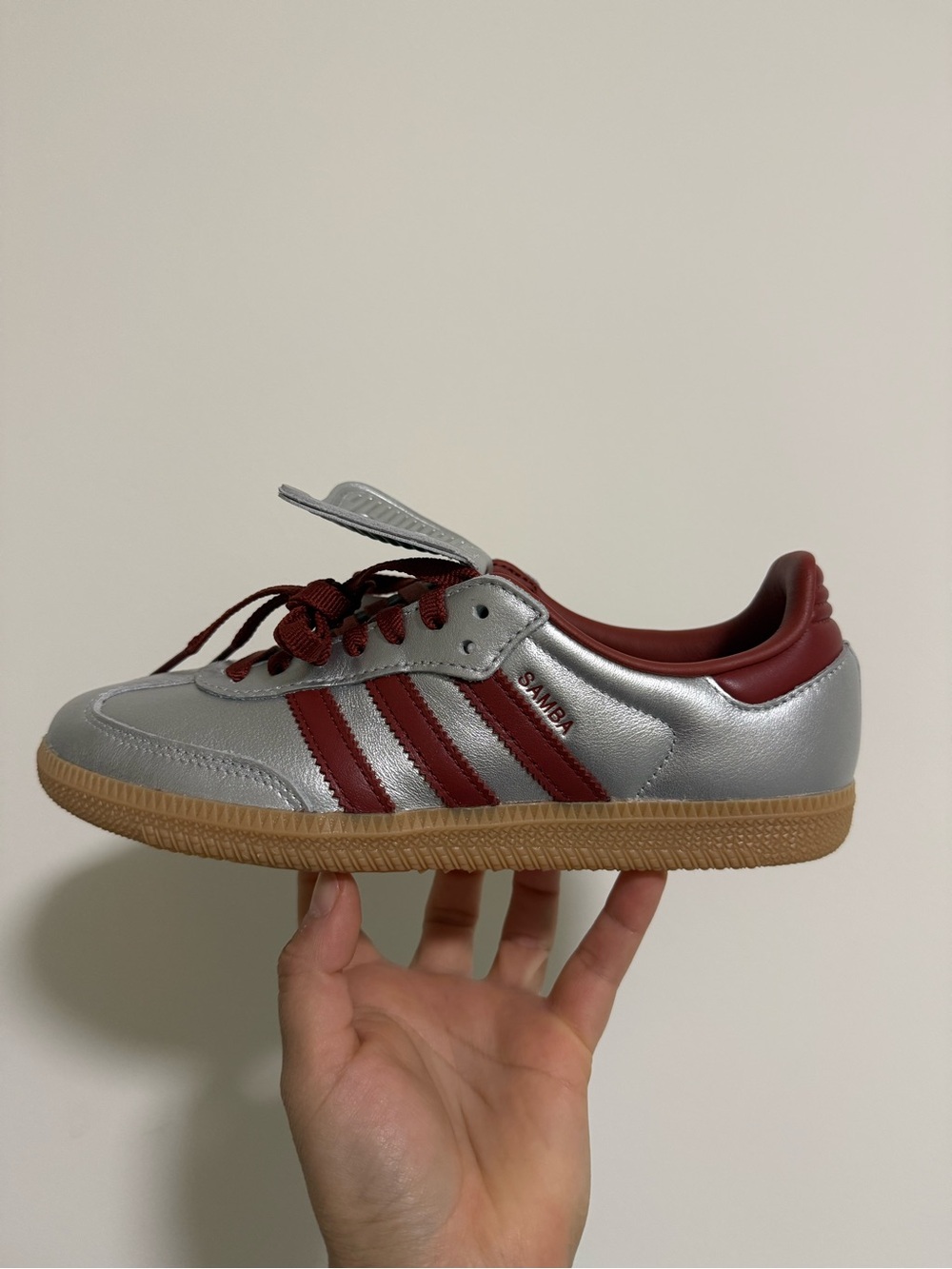 adidas Samba Sneaker in Silver with Maroon Stripes size 6